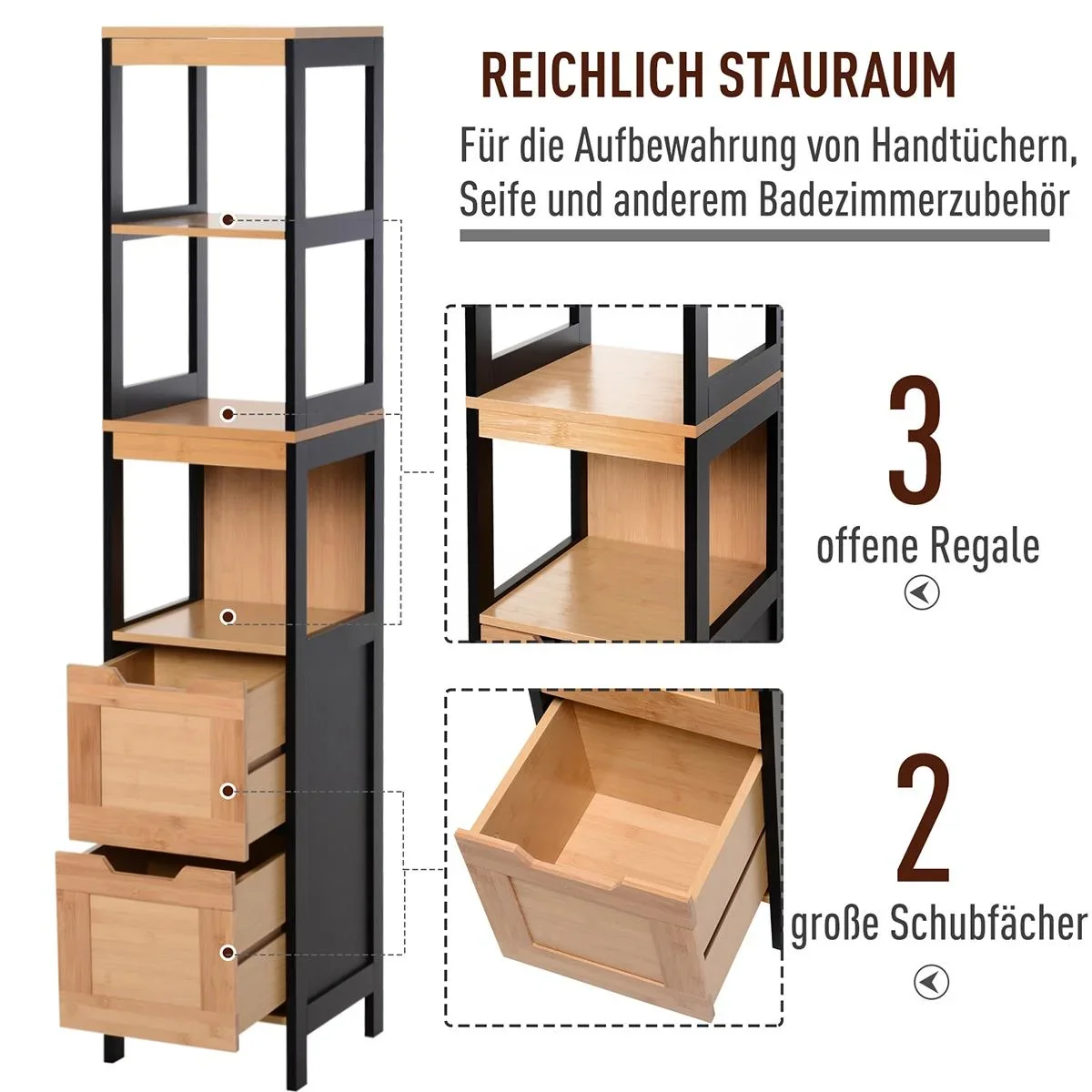 Badezimmerregal mit 3 Ablagen braun/schwarz - 1