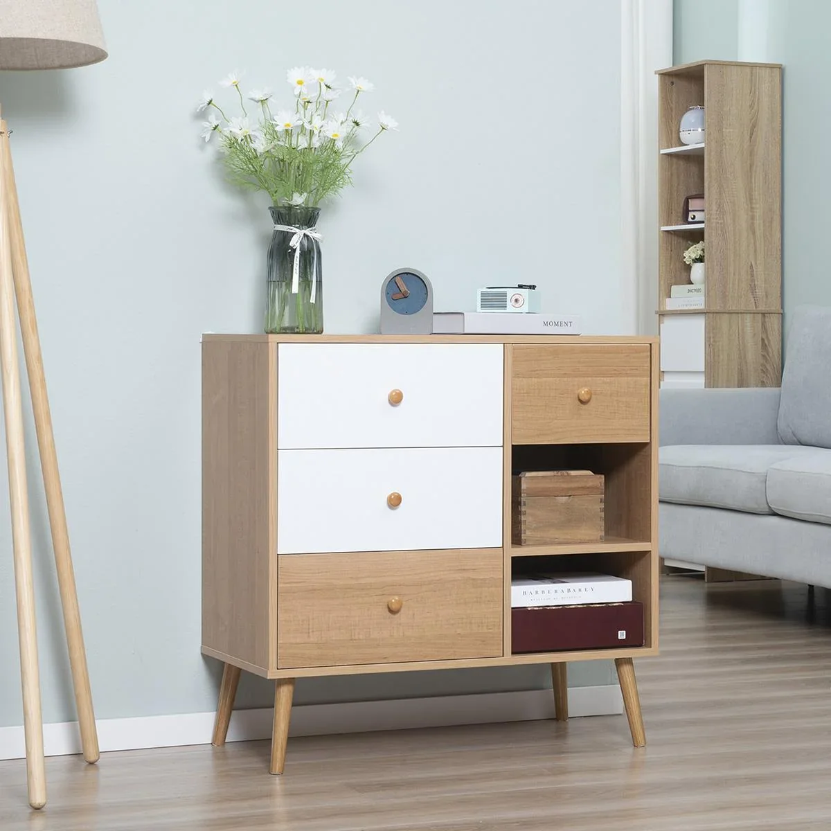 Sideboard Küchenschrank Kommode mit 2 offenen Fächern 4 Schubladen Skandi-Design Natur+Weiß 80 x 39 x 80 cm - 3
