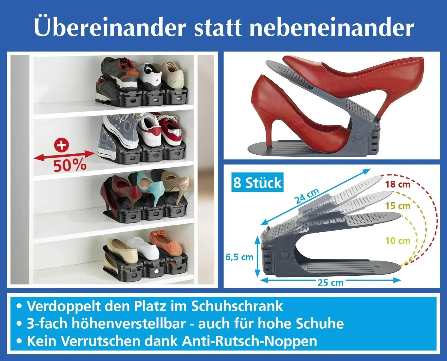 Schuhhalter, Schuhstapler,Schuhorganizer höhenverstellbar, Grau, 8er - 1
