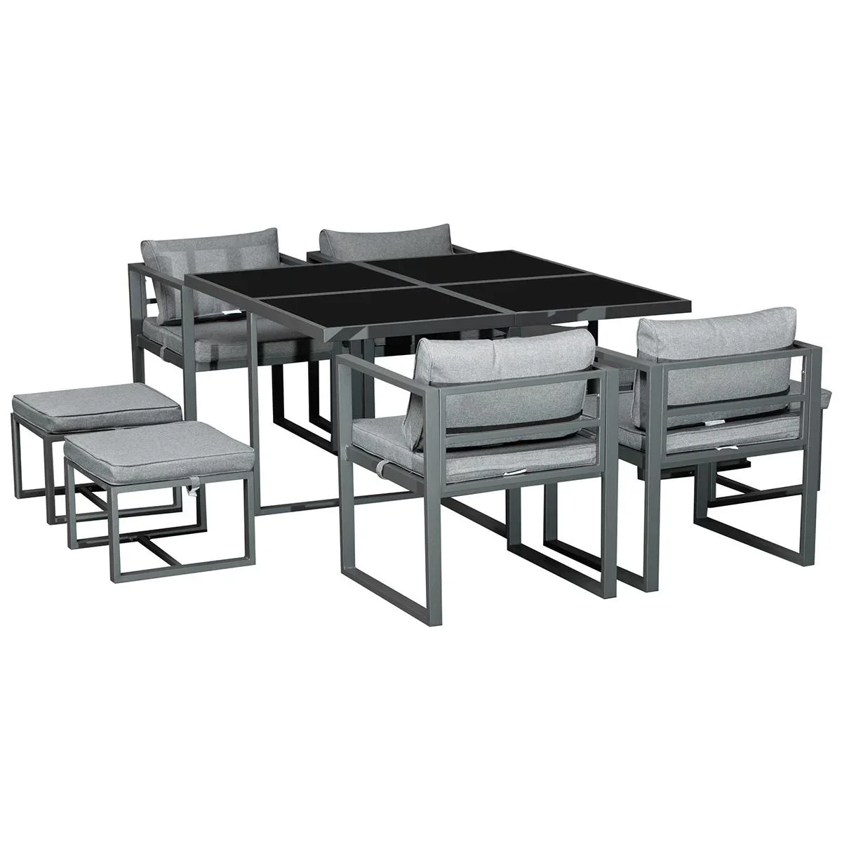 Sitzgruppe Gartentischset Gartenmöbel Metall 9 teilig 4 Stühle 4 Hocker Tisch Esstisch Polyester Glas Grau - 0