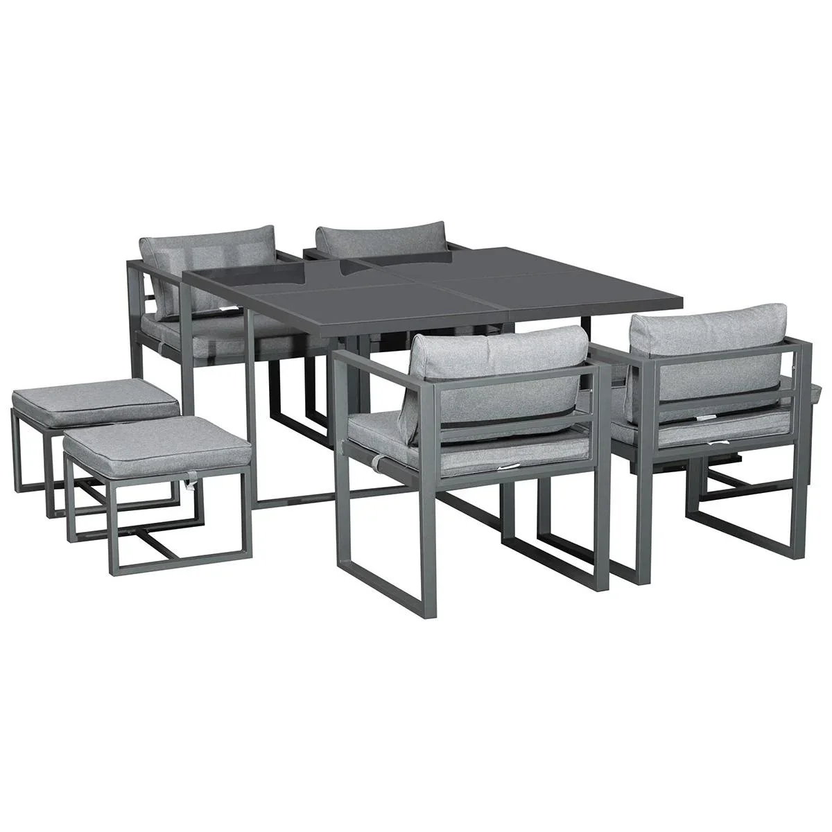 Sitzgruppe Gartentischset Gartenmöbel Metall 9 teilig 4 Stühle 4 Hocker Tisch Esstisch Polyester Glas Grau - 1