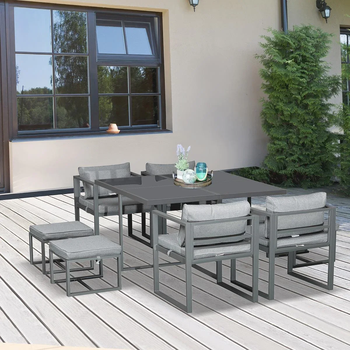 Sitzgruppe Gartentischset Gartenmöbel Metall 9 teilig 4 Stühle 4 Hocker Tisch Esstisch Polyester Glas Grau - 2