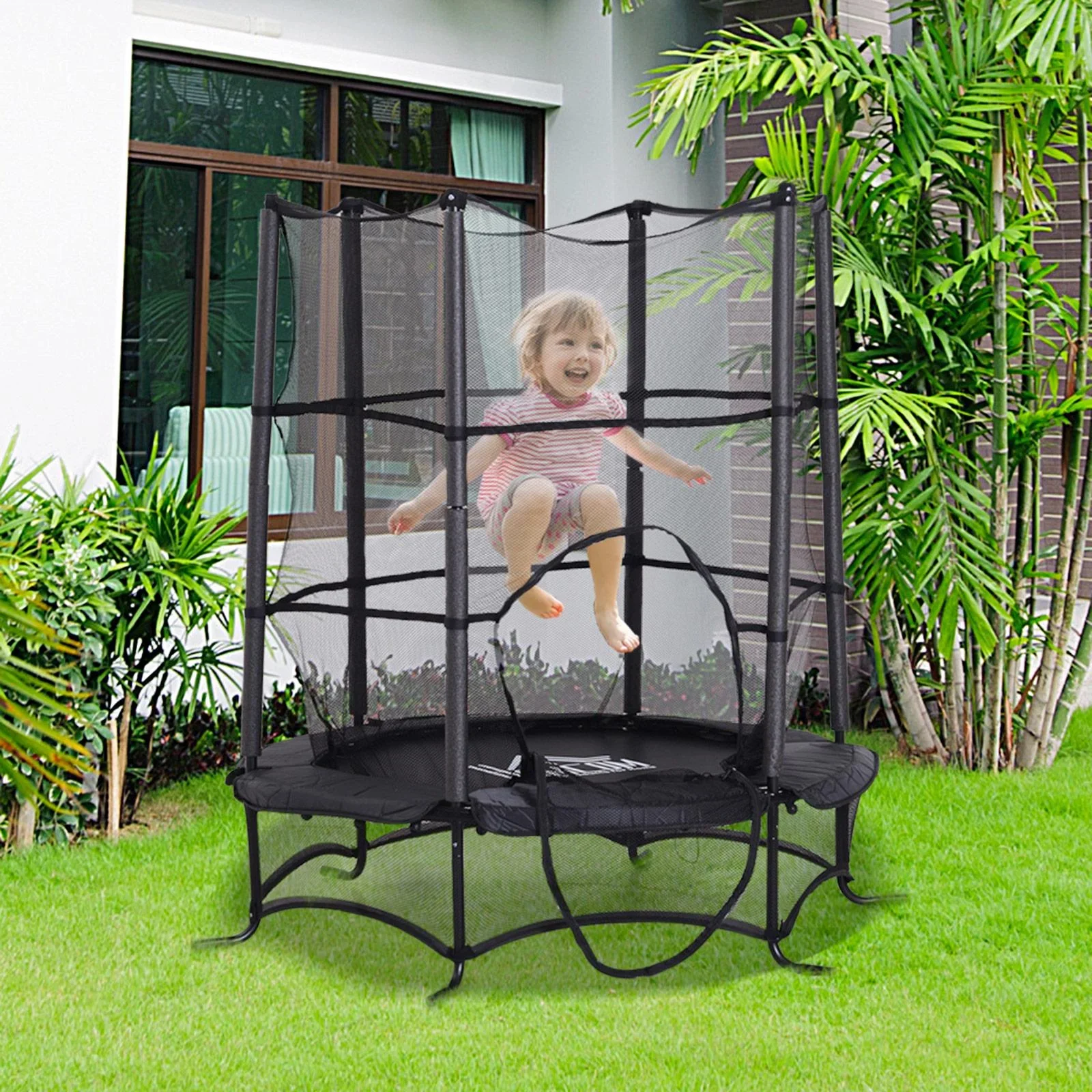 Trampolin Kinder Gartentrampolin mit Sicherheitsnetz Randabdeckung gepolstert Stahl Schwarz Ø170cm bis 45kg - 1