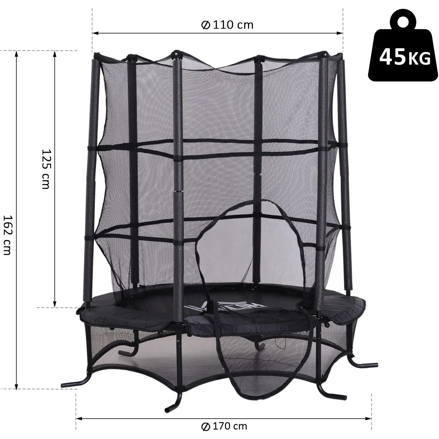 Trampolin Kinder Gartentrampolin mit Sicherheitsnetz Randabdeckung gepolstert Stahl Schwarz Ø170cm bis 45kg - 6