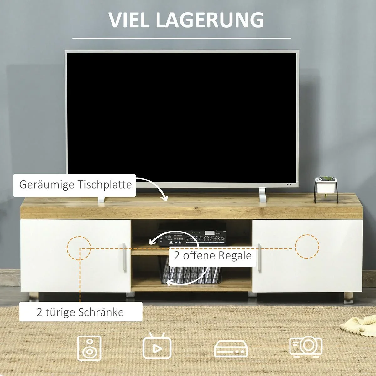 TV Lowborad Fernsehtisch Fernsehschrank TV-Board TV-Schrank TV-Kommode für Fernseher bis 63 Zoll mit 2 Ablageböden Türen - 0