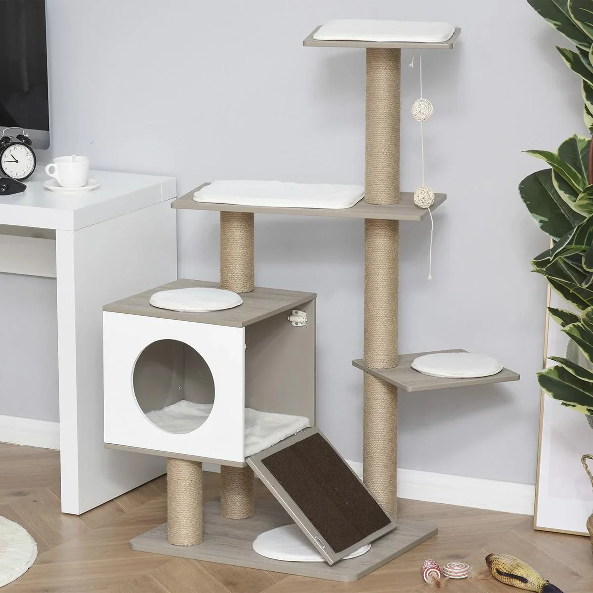 Kratzbaum Katzenbaum Kletterbaum für Katzen Mehrstufiges Multiaktivitätszentrum mit Katzenhöhle Rampe Weichkissen E1 MDF - 2