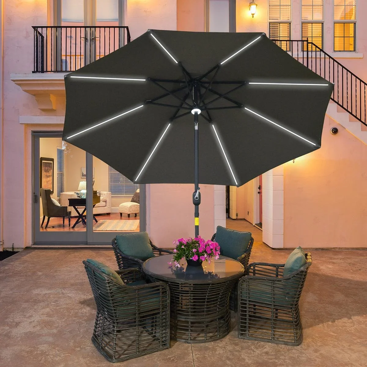 Sonnenschirm im Freien Gartenschirm mit Solarbeleuchtung LED Sonnenschutz Stahl Aluminum Polyester Dunkelgrau Ø266 x 245 - 1