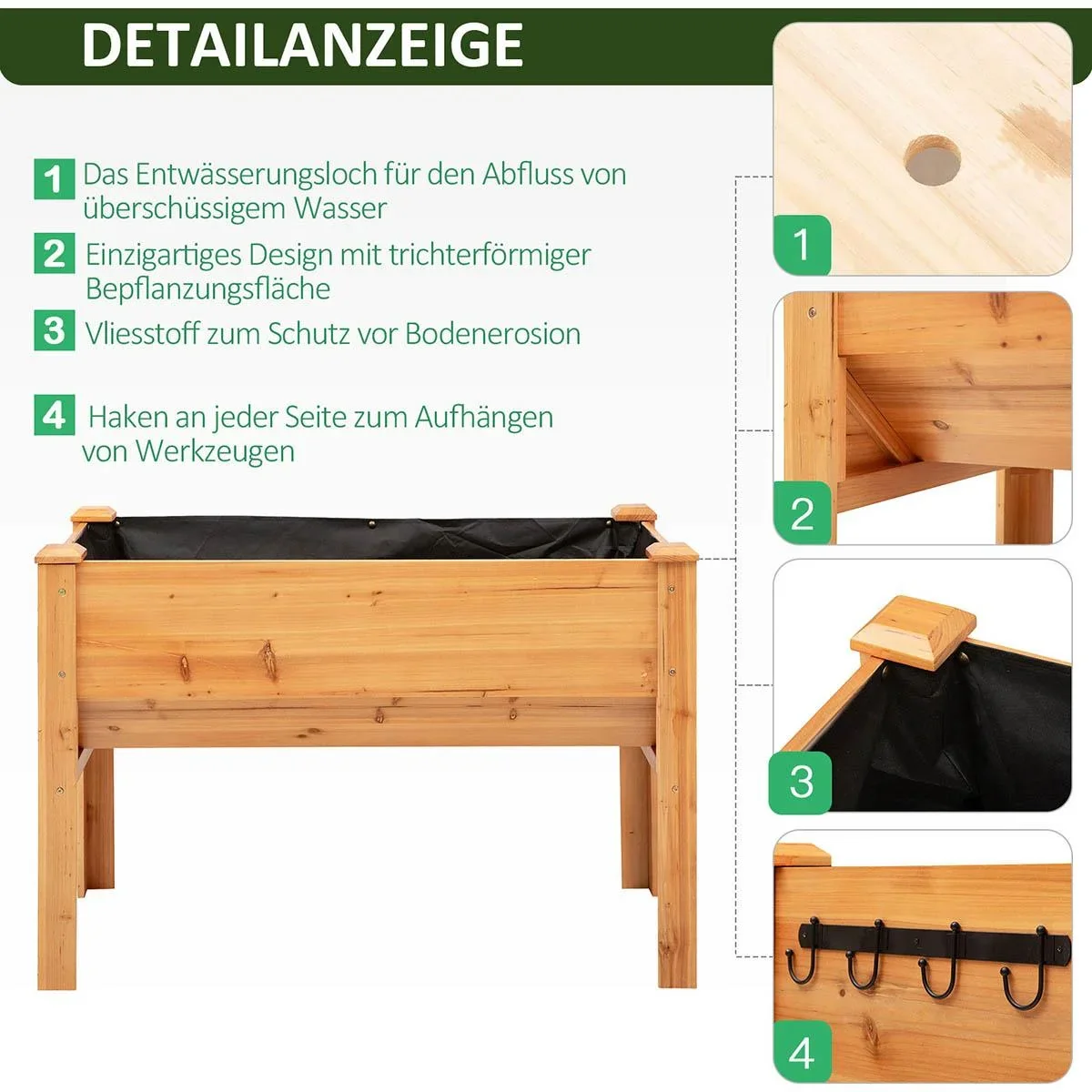Hochbeet aus Holz Kräuterbeet Pflanzkasten mit Abflussloch Haken Blumenkasten mit Füßen Massivholz Natur 124 x 60 x 81 c - 0