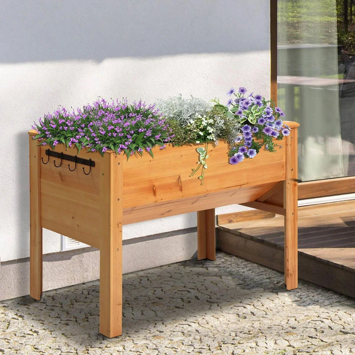 Hochbeet aus Holz Kräuterbeet Pflanzkasten mit Abflussloch Haken Blumenkasten mit Füßen Massivholz Natur 124 x 60 x 81 c - 3