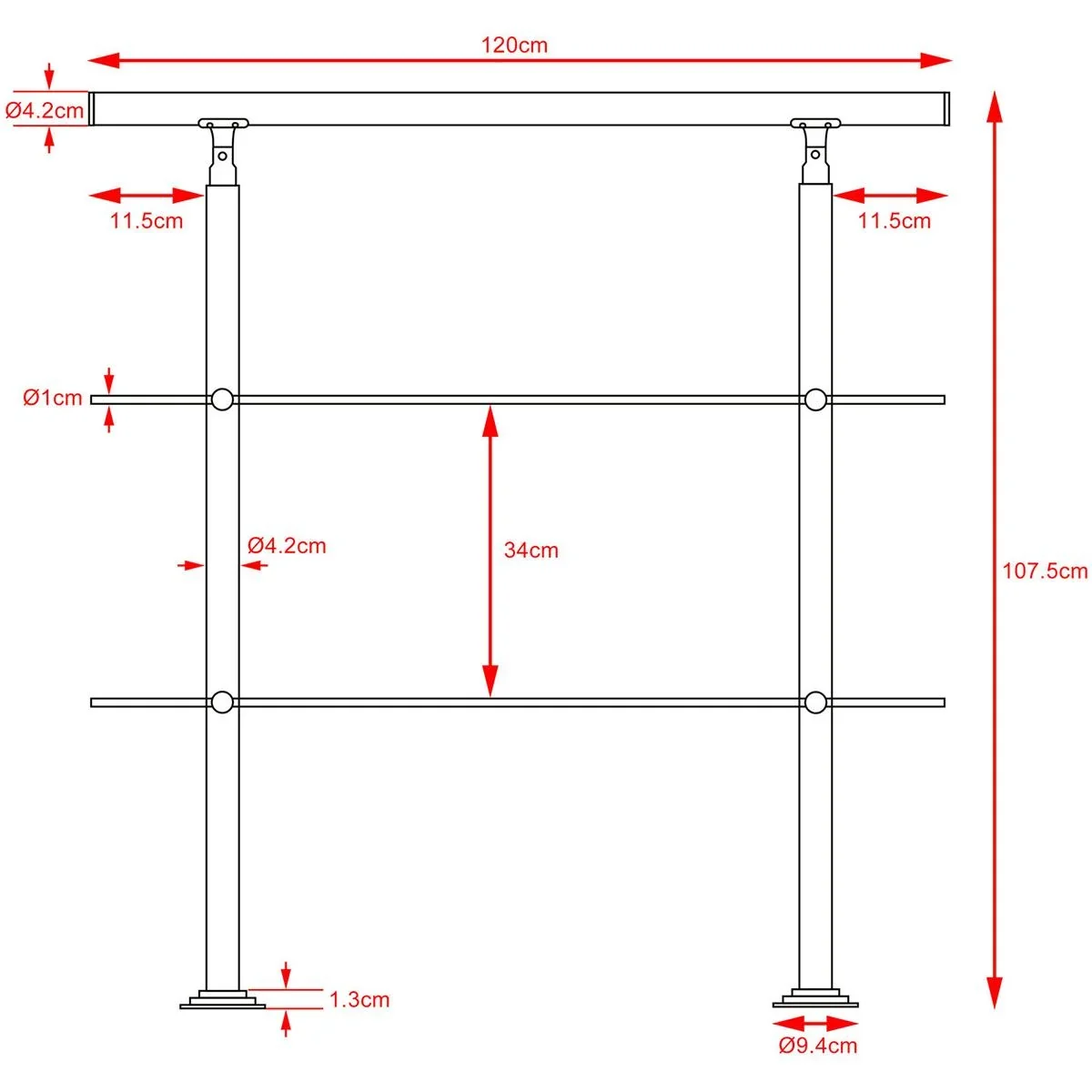 Handlauf Edelstahl 120cm 2 Streben - 0