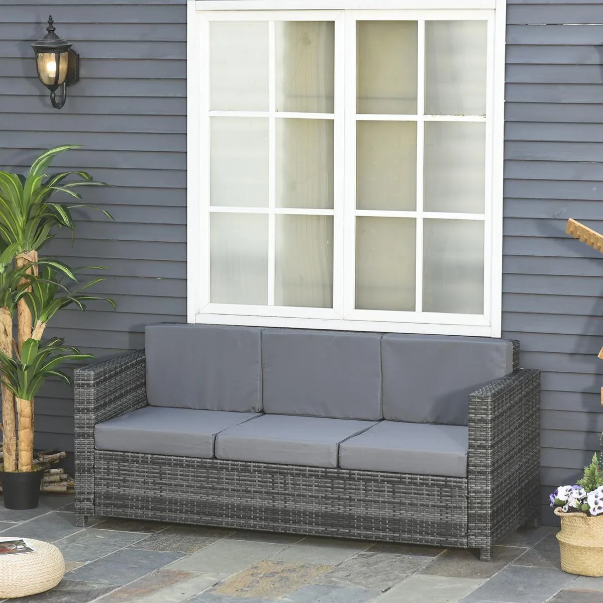 Poly-Rattan Sofa mit Kissen 3-Sitzer Garten Loungesofa Metall Polyester Grau 185 x 70 x 80 cm - 1