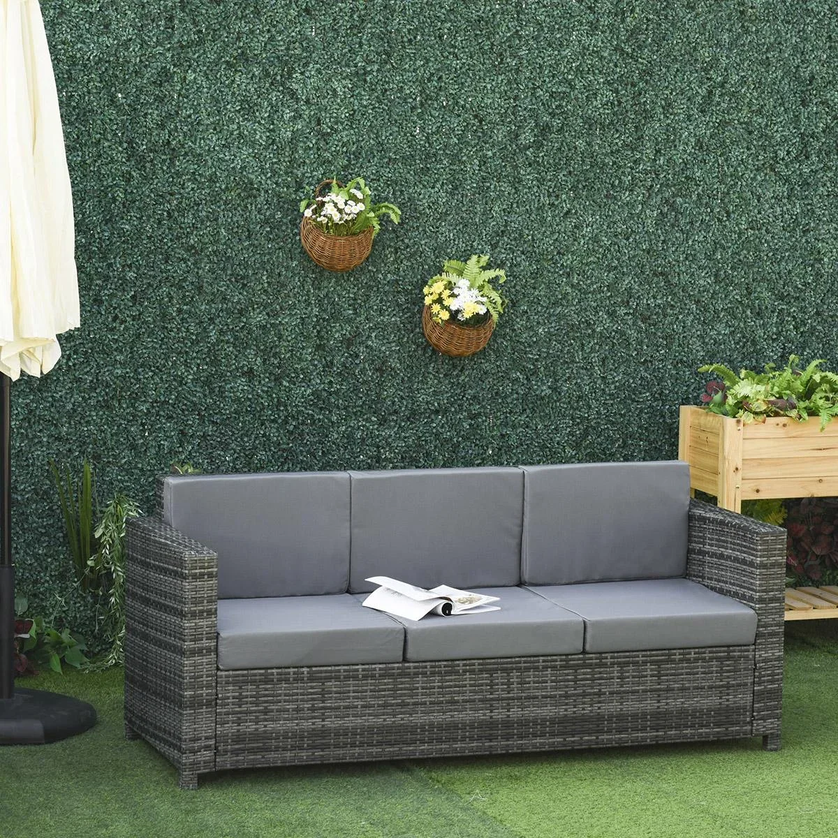 Poly-Rattan Sofa mit Kissen 3-Sitzer Garten Loungesofa Metall Polyester Grau 185 x 70 x 80 cm - 2