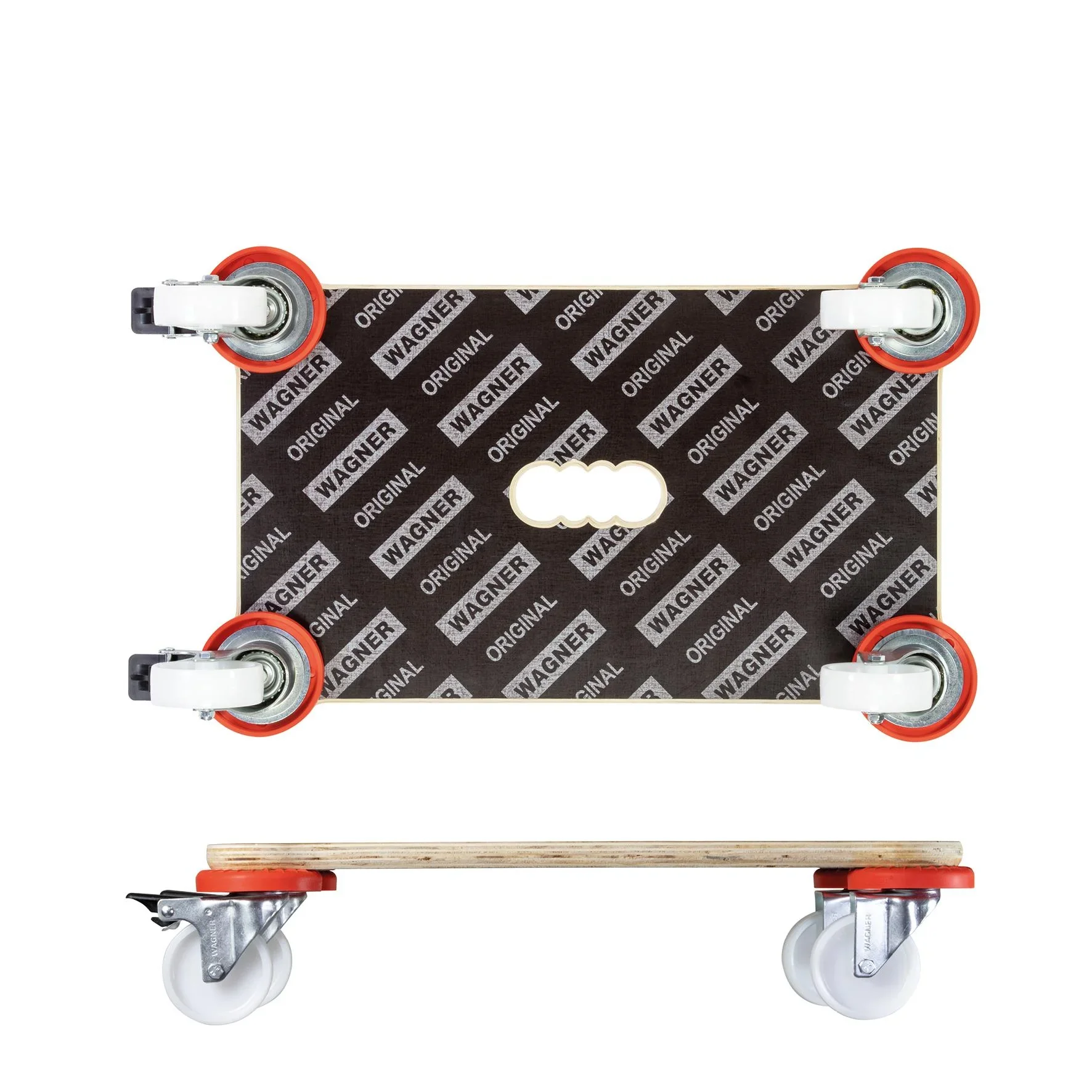 Transporthilfe MM 1360 , 52 x 32 x 12,5 cm, harte Rollen Ø 75 mm, Gleitlager, 2 Bremsen, Platte FSC®, Tragkraft 200 kg - 1