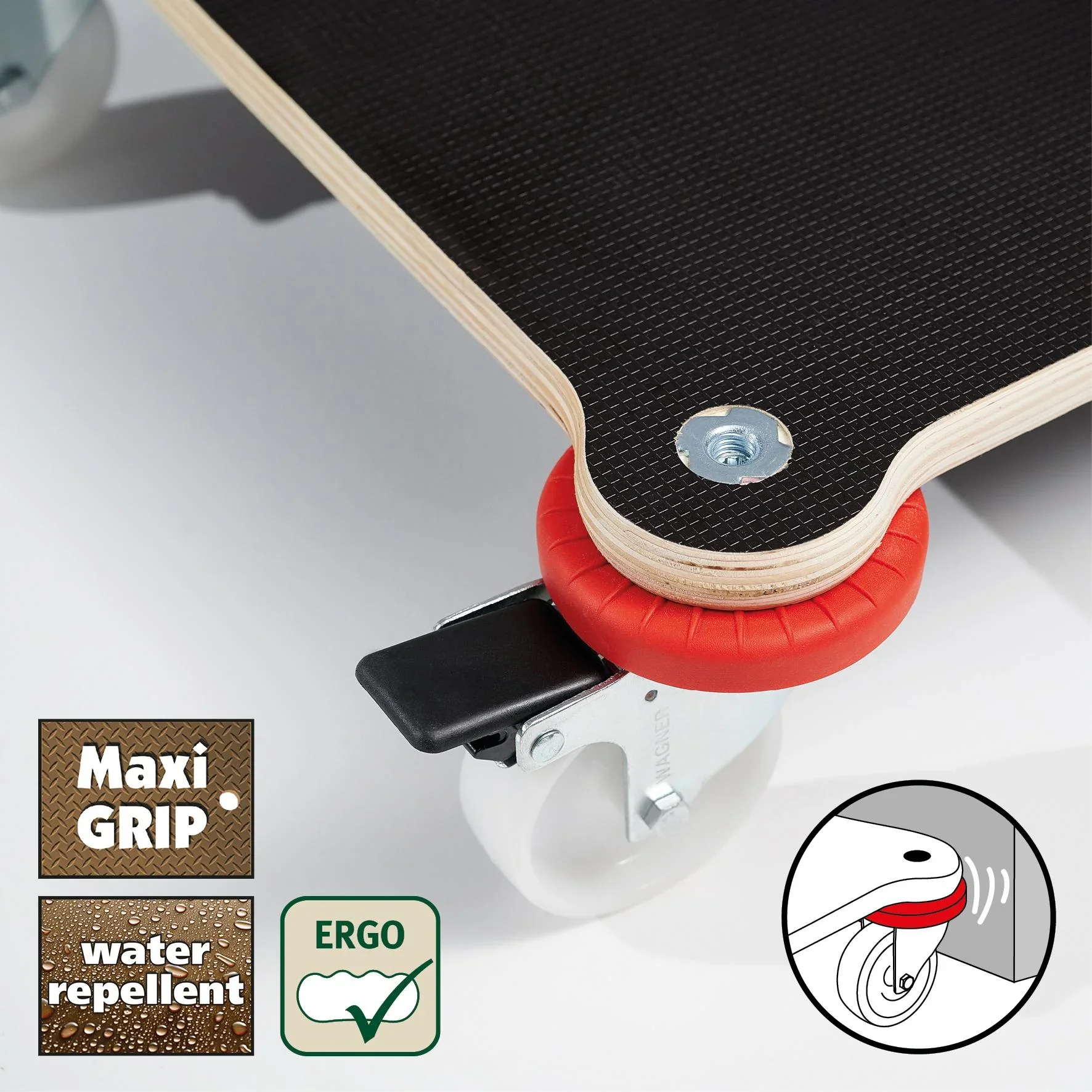 Transporthilfe MM 1360 , 52 x 32 x 12,5 cm, harte Rollen Ø 75 mm, Gleitlager, 2 Bremsen, Platte FSC®, Tragkraft 200 kg - 4