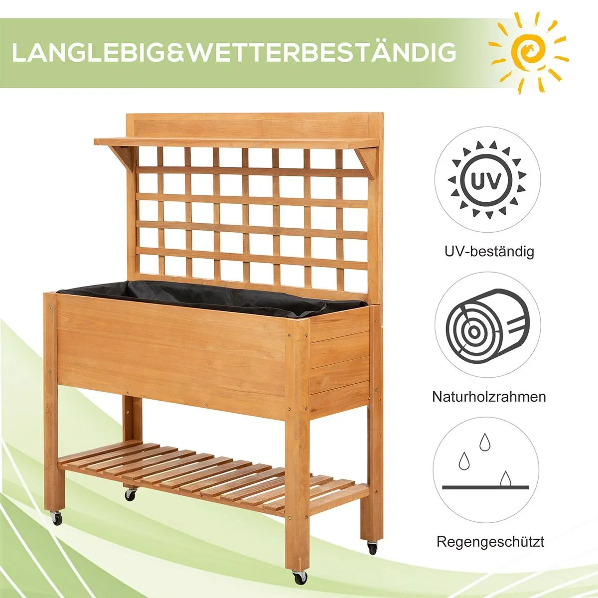 Hochbeet Pflanztisch Blumentisch Arbeitstisch Gärtnertisch Gewächshaus Holzpflanztisch für Garten Balkon, 105 x 45 x 135 - 2