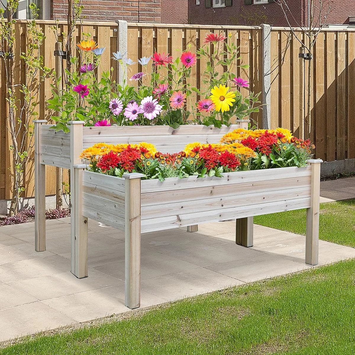 Hochbeet 2 Stufen Frühbeet Kräuterbeet Pflanzkasten mit Abflusslöchern Massivholz Natur 115 x 114 x 76 cm - 1