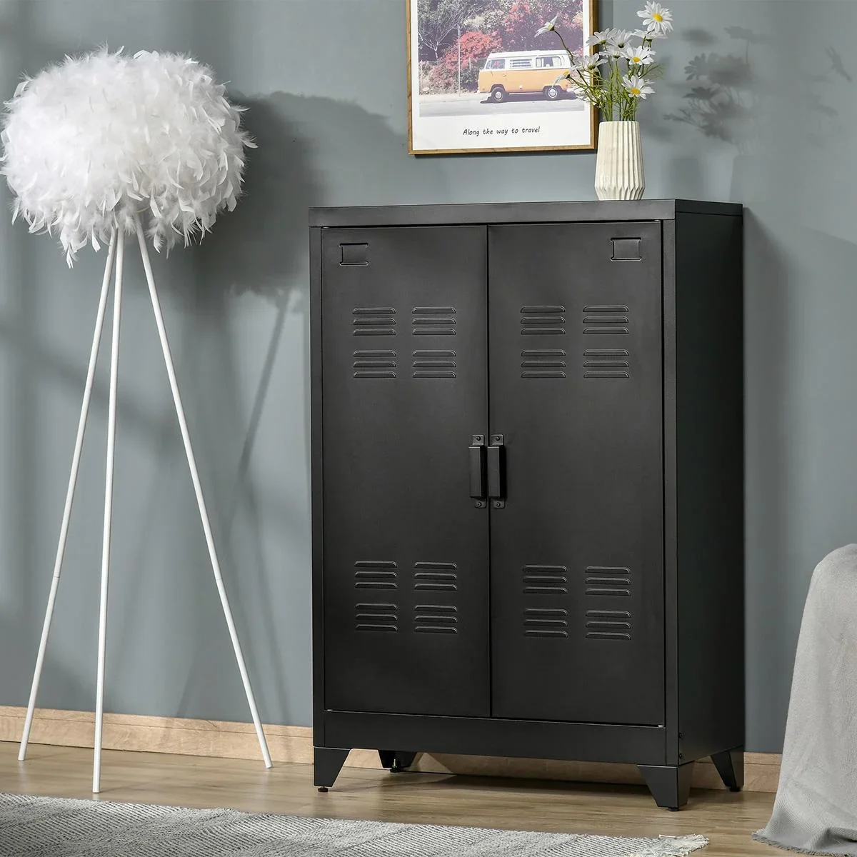 Sideboard Aktenschrank mit Lamellentüren Kleiderschrank Lagerschrank industriell Metall Schrank mit 2 verstellbaren Einl - 3