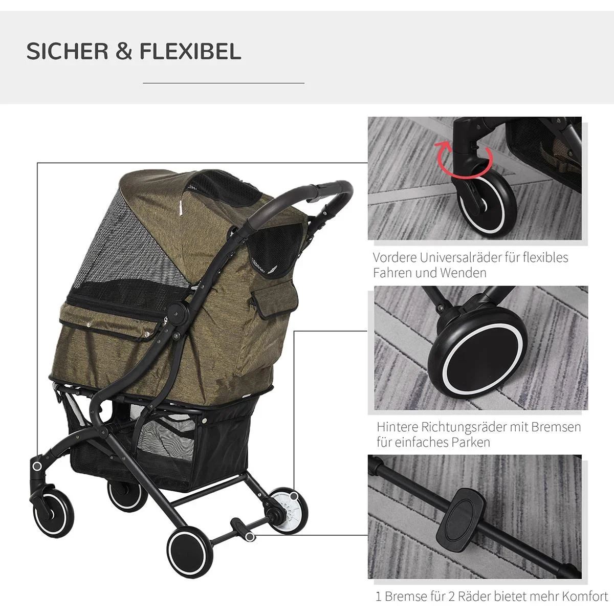 Haustierbuggy mit Klappfunktion braun, schwarz - 3
