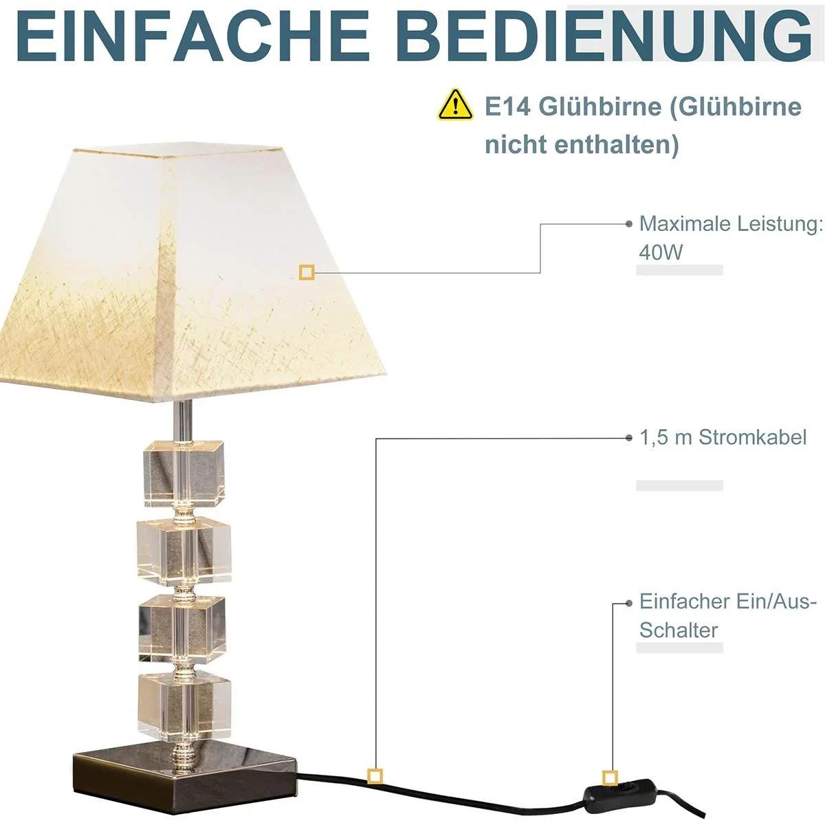 Tischlampe mit Kristallsockel cremeweiß - 5