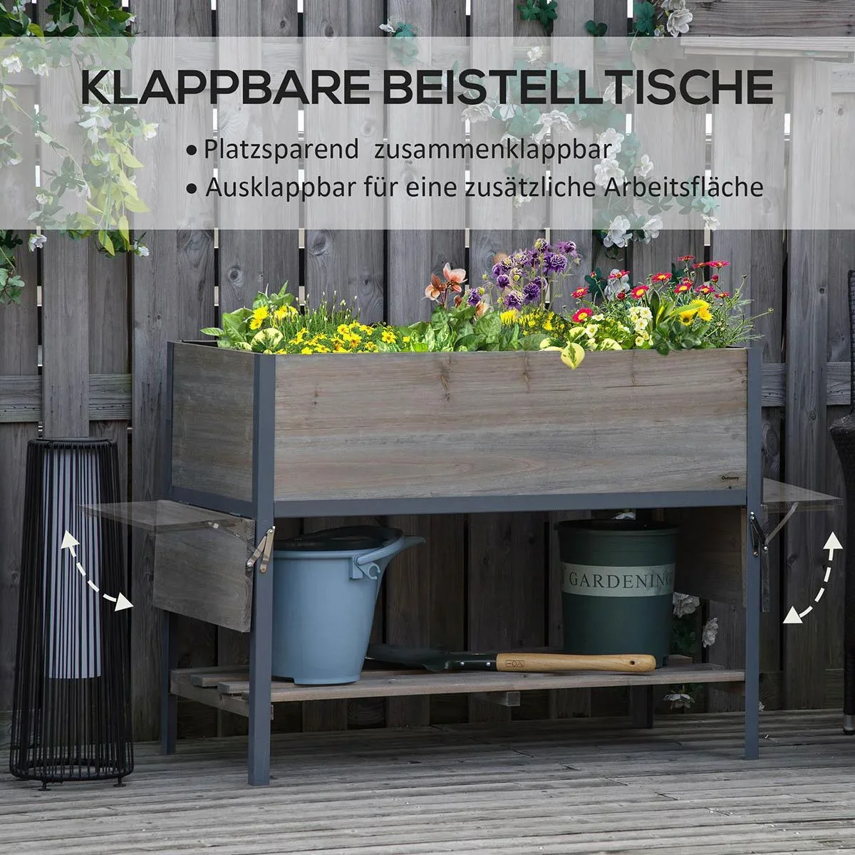 Hochbeet Pflanzkasten mit 2 faltbaren Ablagen unterer Ablagefläche Blumenkasten Blumentopf Kräuterbeet Massivholz Hellgr - 1