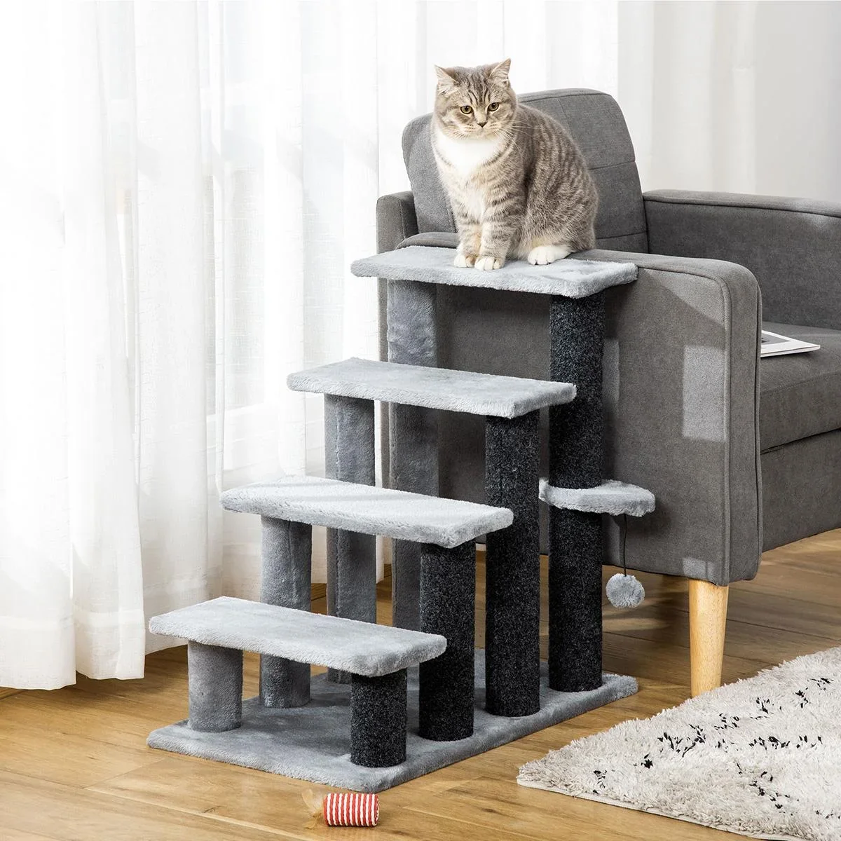 Haustiertreppe mit Kratzbaum Ball 4-stufige Katzentreppe Hundetreppe Tiertreppe Spanplatte Plüsch Jute Grau 60 x 40 x 64 - 2