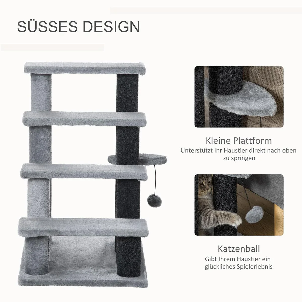 Haustiertreppe mit Kratzbaum Ball 4-stufige Katzentreppe Hundetreppe Tiertreppe Spanplatte Plüsch Jute Grau 60 x 40 x 64 - 4