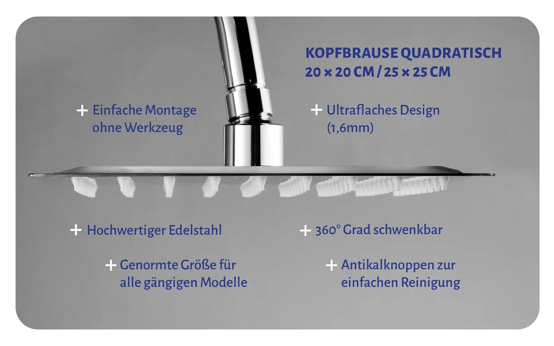 Duschkopf Kopfbrause 25x25 cm Regendusche aus Edelstahl mit 1 Strahlart G1/2 individuell einsetzbar - 2