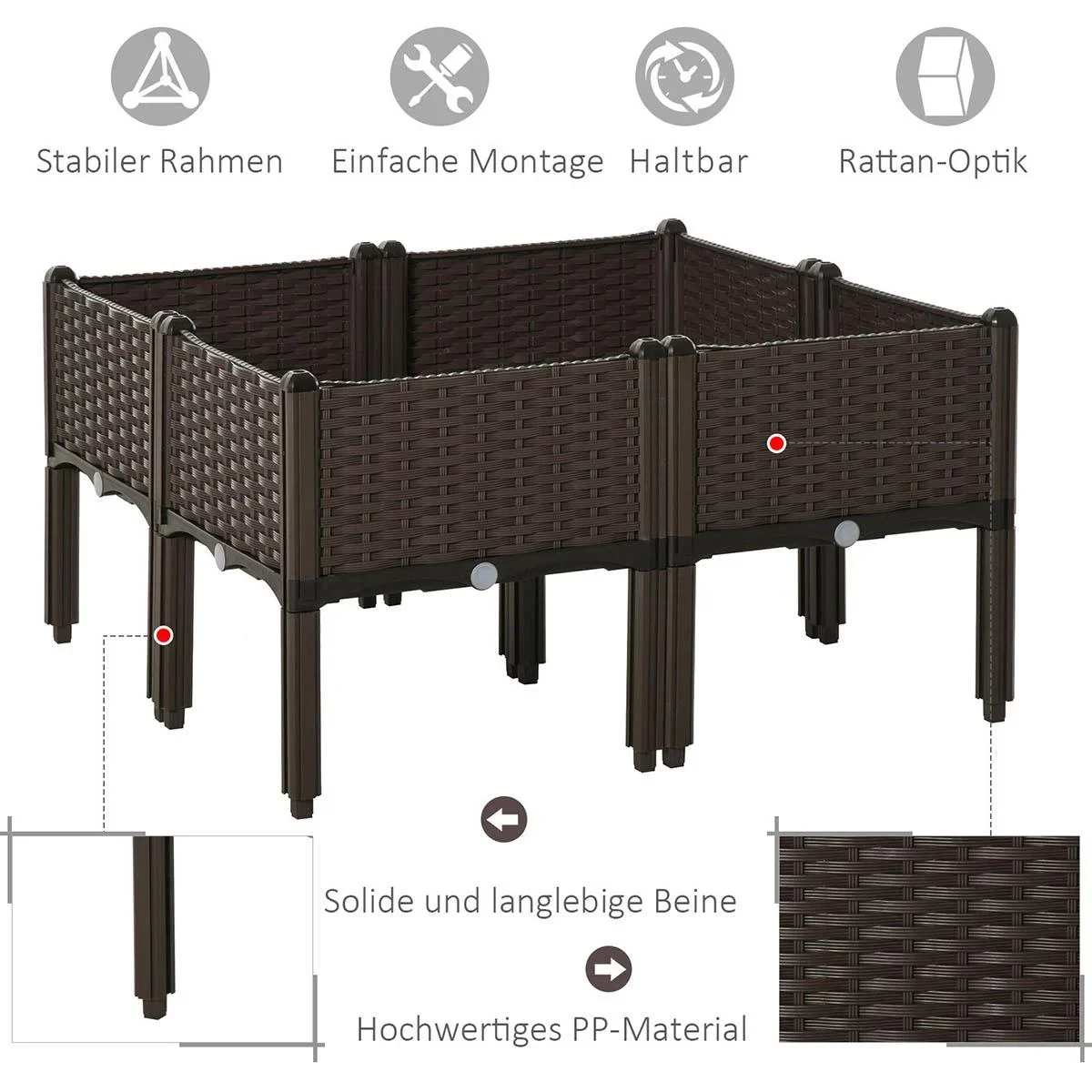 Hochbeet 4-teiliger Pflanzkasten mit Abflusslöchern Rattan-Look Blumenkasten DIY Braun 40 x 40 x 44 cm - 1
