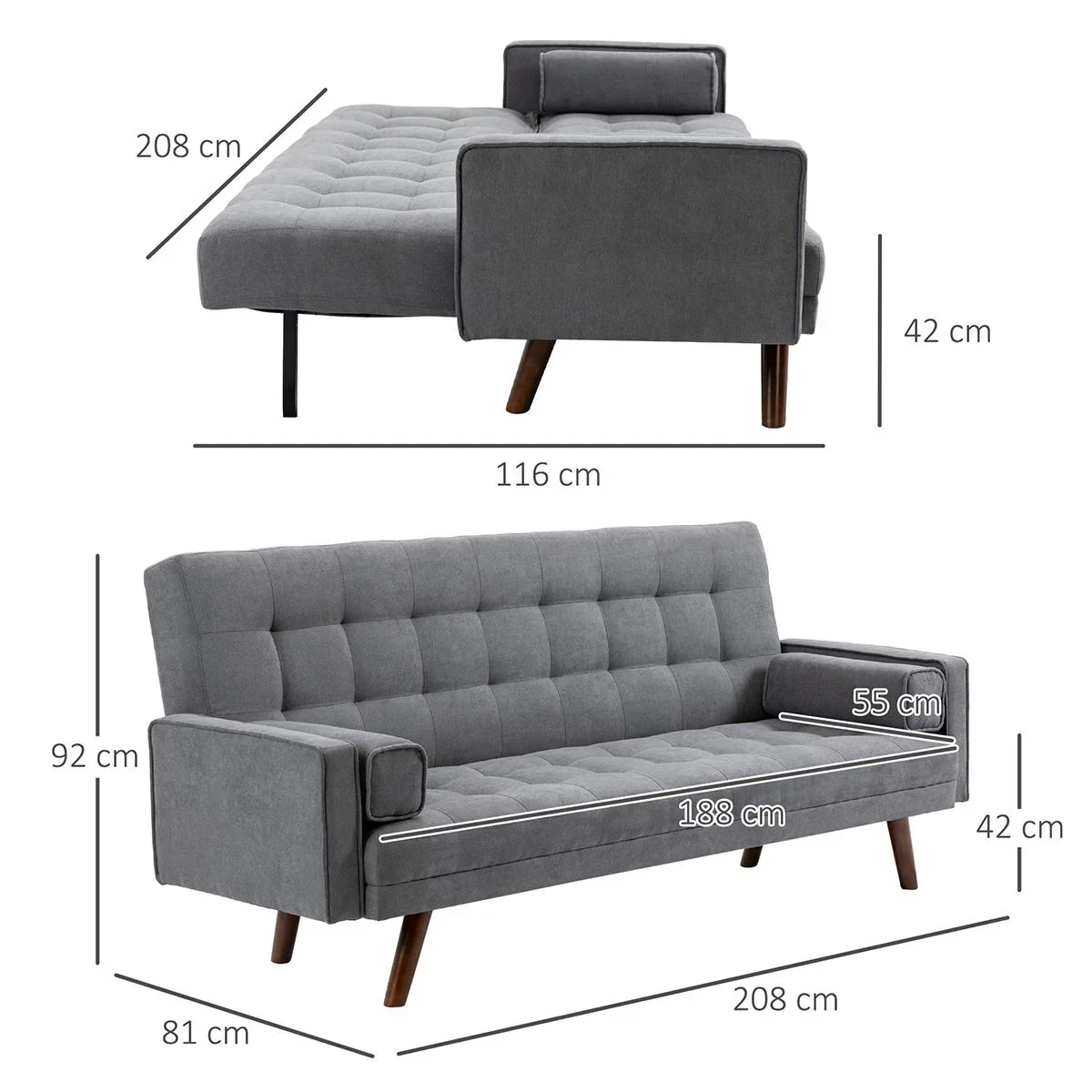 Dreisitziges Sofa mit Schlaffunktion, grau, 208 x 81 x 92 cm - 3