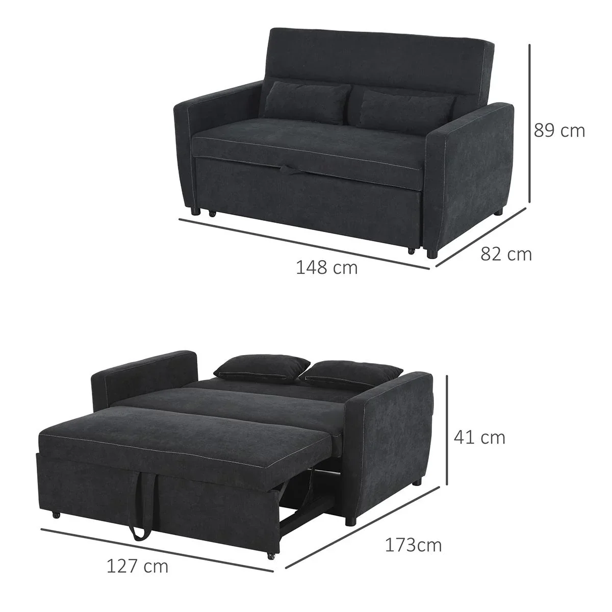 Schlafsofa, Klappsofa, 2-Sitzer Stoffsofa, Verstellbarer Winkel, Dunkelgrau, 148 x 82 x 89 cm - 3