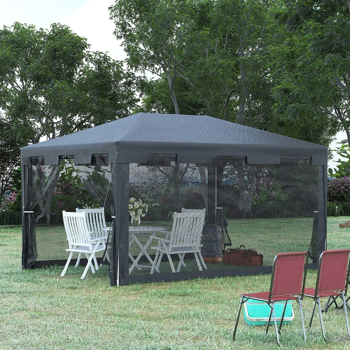 Pavillon Partyzelt mit Seitenwänden Metall PE Weiß+Dunkelgrau+Schwarz 4 x 3 m - 1