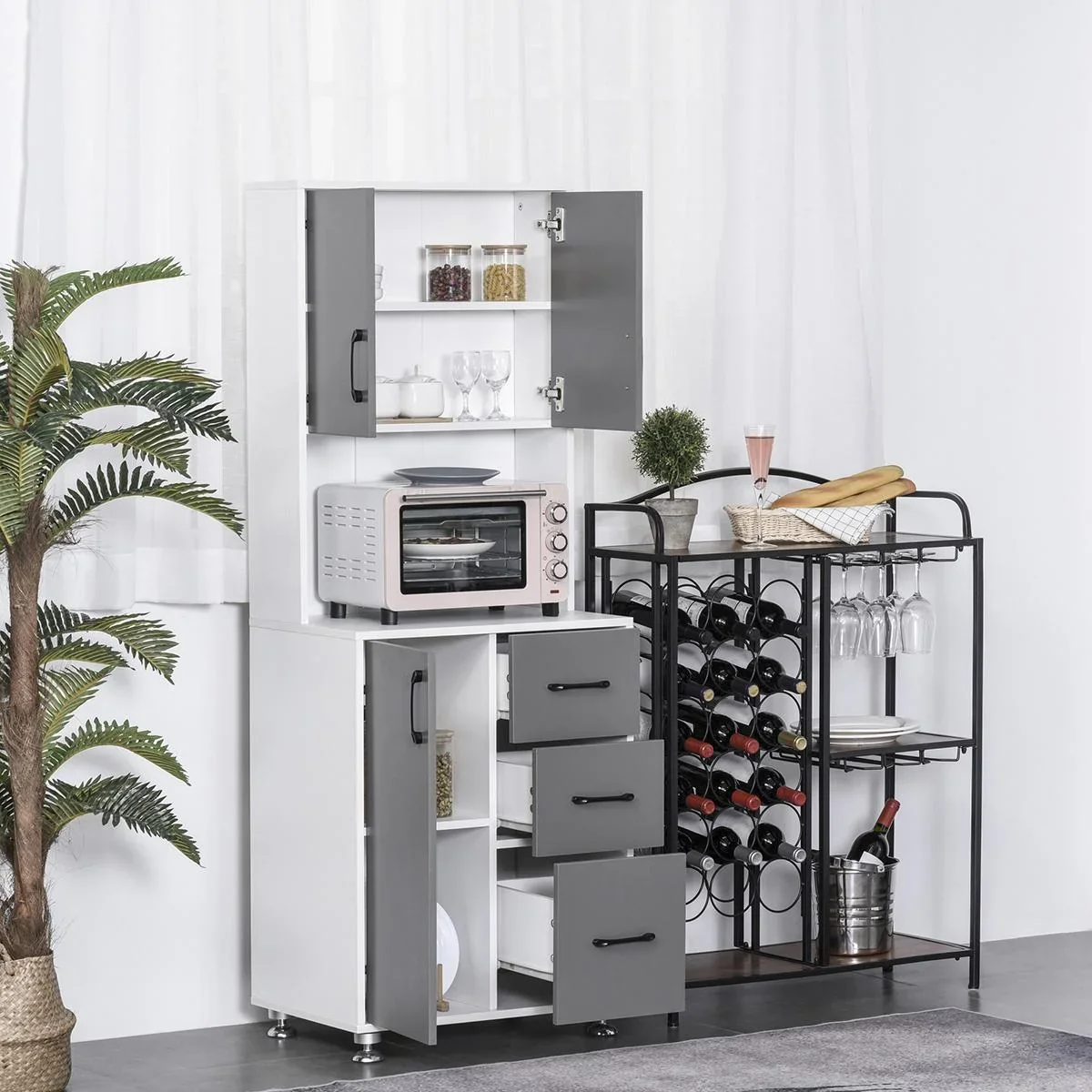 Küchenschrank mit 2 Türen Regal Mikrowellenregal Hochschrank mit unterem Aufbewahrungsschrank und 3 Schubladen Kommode S - 0