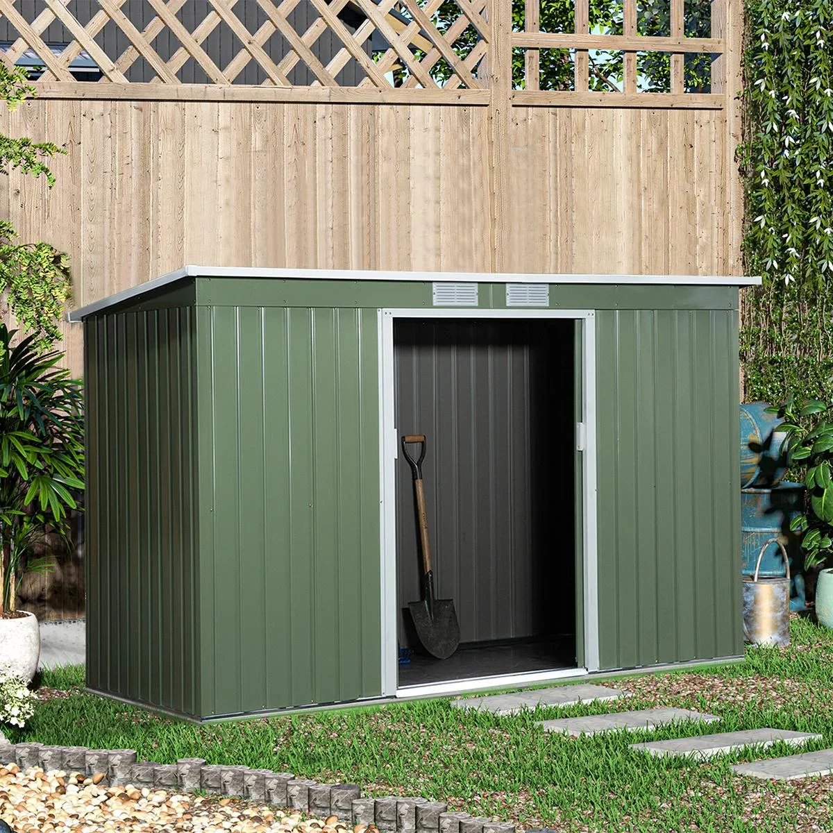 Gerätehaus, Gartenhaus, Geräteschuppen mit Schiebetür, Lüftungsfenster, Pultdach, Outdoor, Stahl, Hellgrün, 277 x 130 x - 2