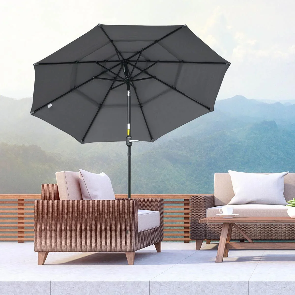 Sonnenschirm 2,6 m mit 3-stufigem Dach Stahl Polyester Dunkelgrau - 1