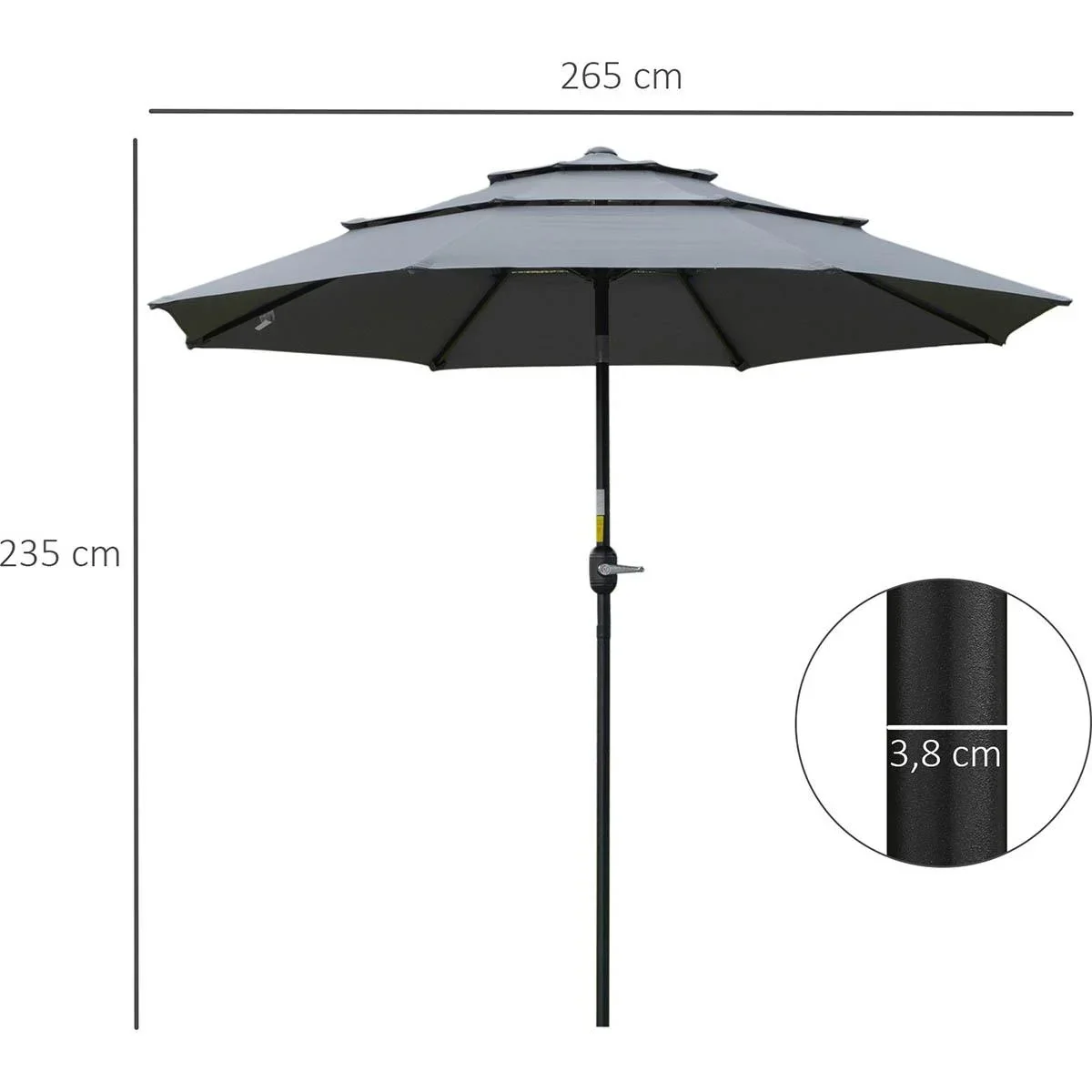 Sonnenschirm 2,6 m mit 3-stufigem Dach Stahl Polyester Dunkelgrau - 2