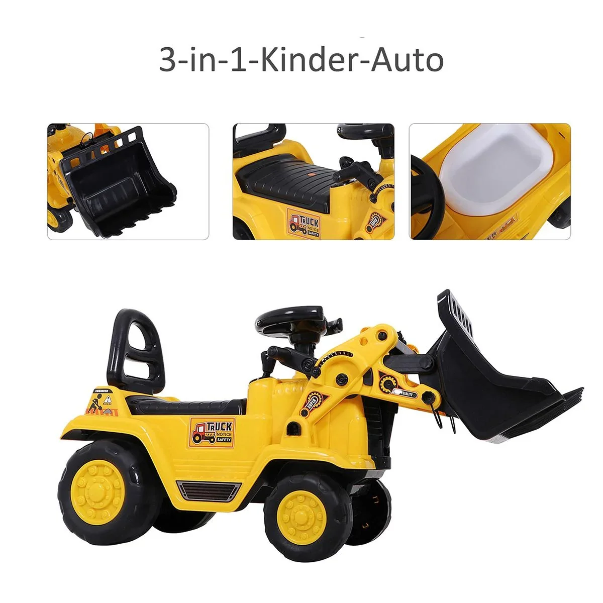 Sitzbagger mit eingebautem Ablagefach Kinder Rutschauto traktor Kinderbagger mit Hupe Gelb+Schwarz 80 x 26,5 x 39 cm - 1