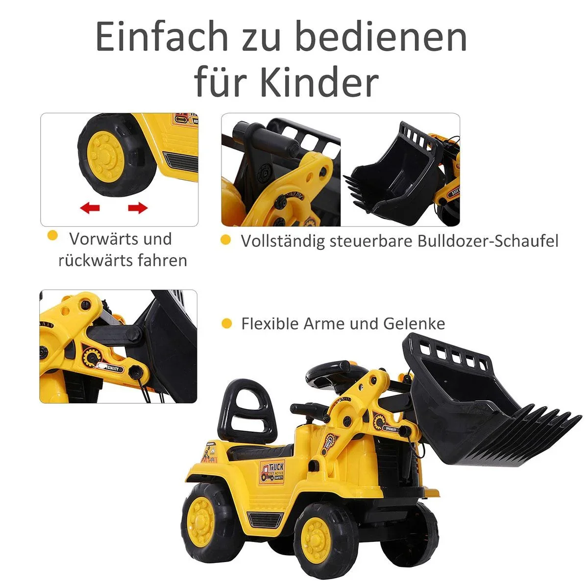 Sitzbagger mit eingebautem Ablagefach Kinder Rutschauto traktor Kinderbagger mit Hupe Gelb+Schwarz 80 x 26,5 x 39 cm - 2