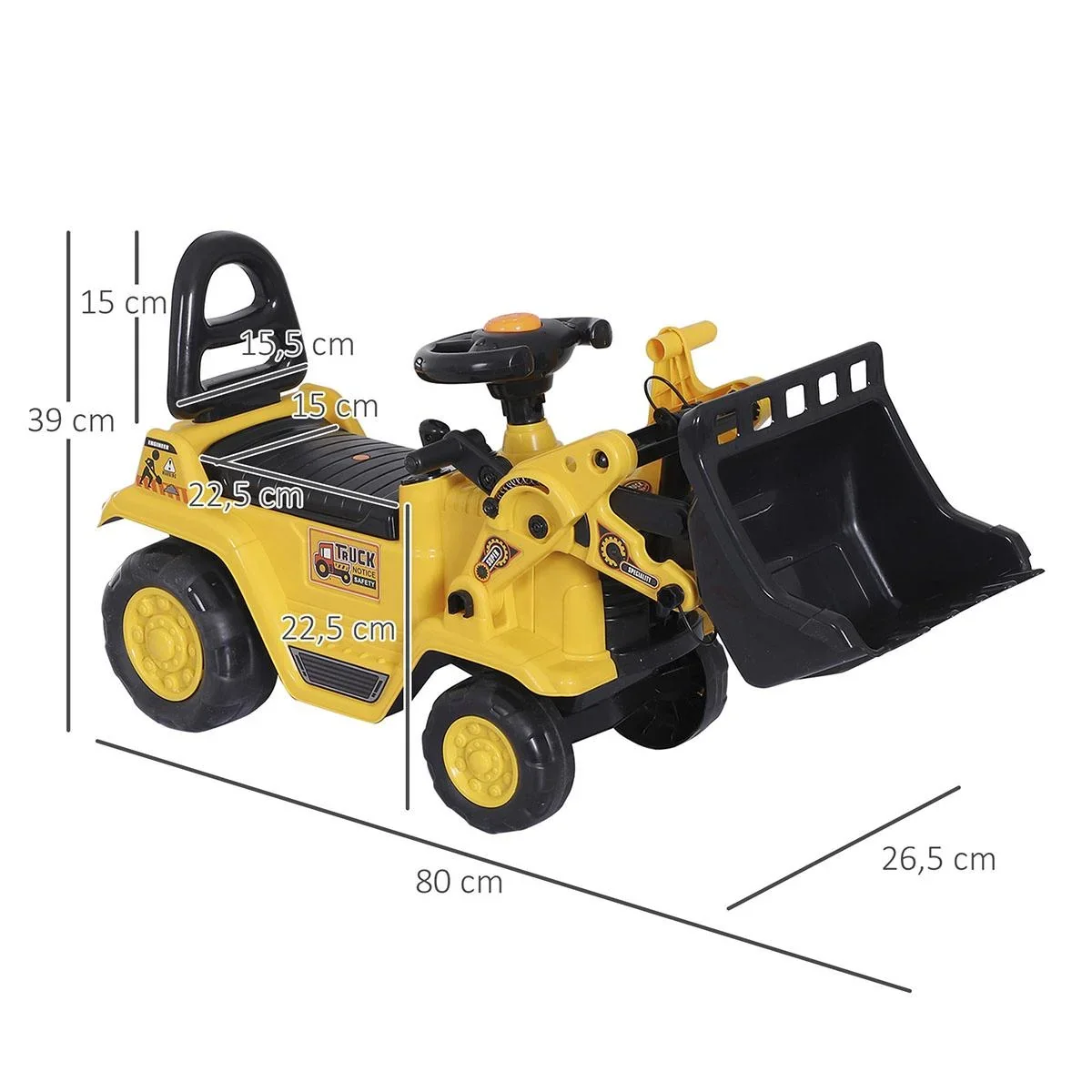 Sitzbagger mit eingebautem Ablagefach Kinder Rutschauto traktor Kinderbagger mit Hupe Gelb+Schwarz 80 x 26,5 x 39 cm - 3