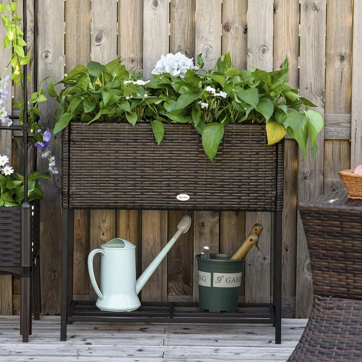 Poly Rattan Hochbeet Blumenkasten mit Füßen Blumentopf mit Ablage Braun 70 x 30 x 72 cm - 0