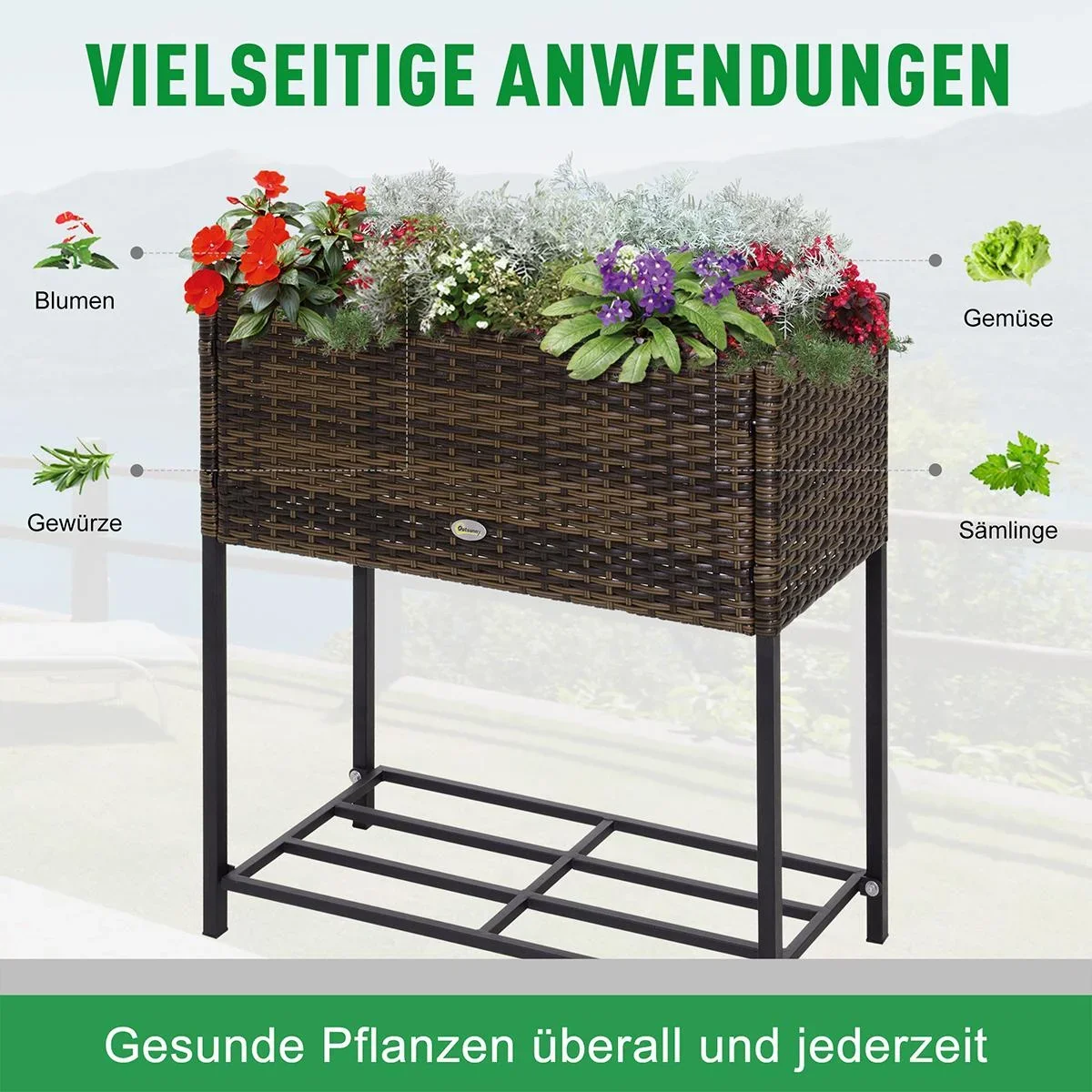 Poly Rattan Hochbeet Blumenkasten mit Füßen Blumentopf mit Ablage Braun 70 x 30 x 72 cm - 3