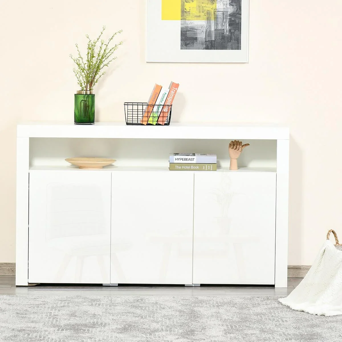 Sideboard Hochglanz Vorratsschrank Küchenschrank mit LED-Licht und Glasablage für Eingang Essbereich Wohnzimmer Material - 0