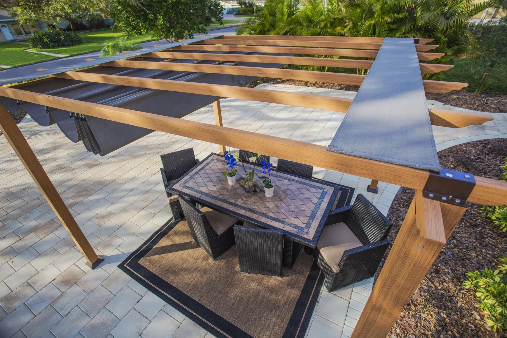 Outdoor-Pavillon „Florida“, Holzoptik - verstellbares Sonnensegel - 5