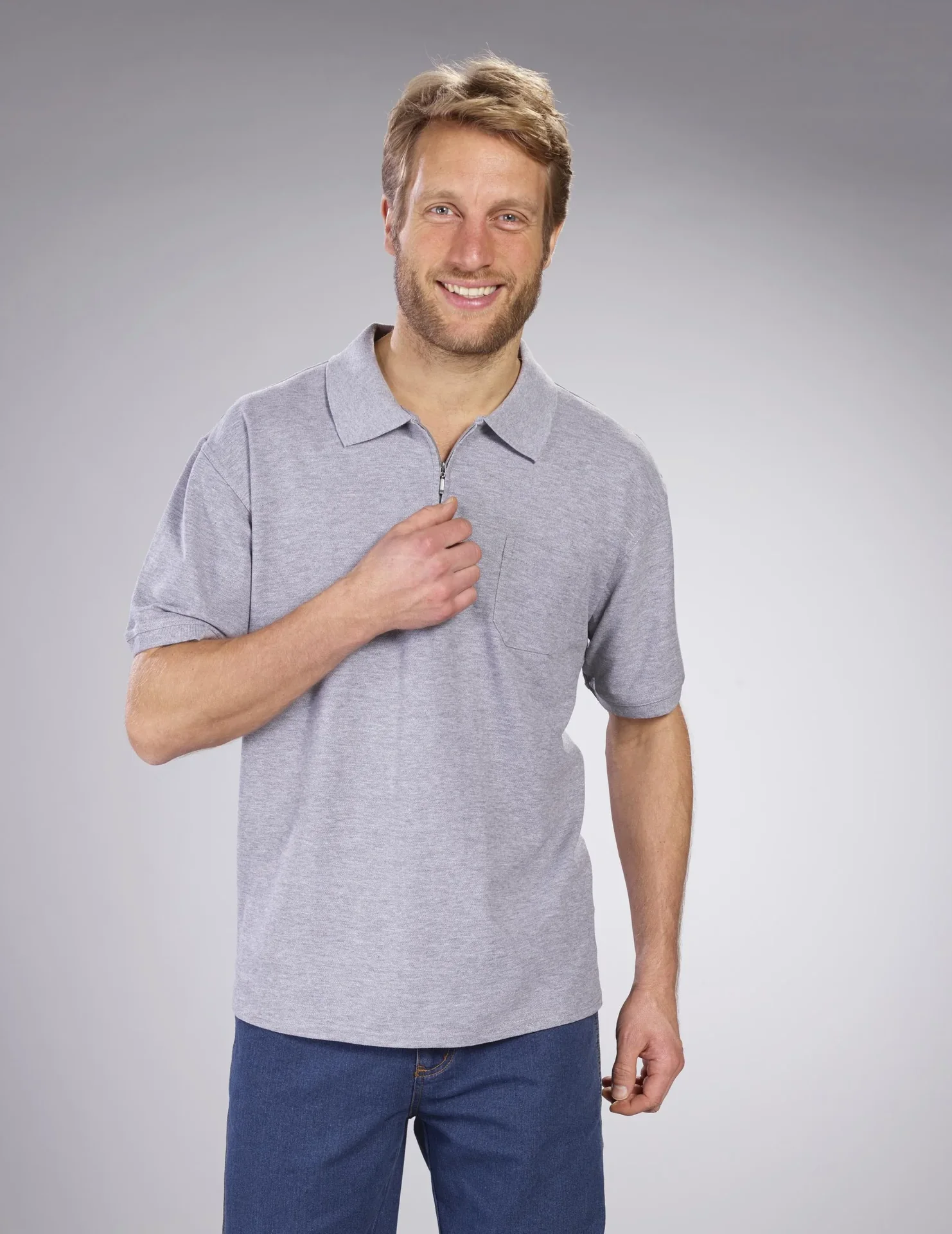 Poloshirt mit Reißverschluss, silber, Gr. M - 0