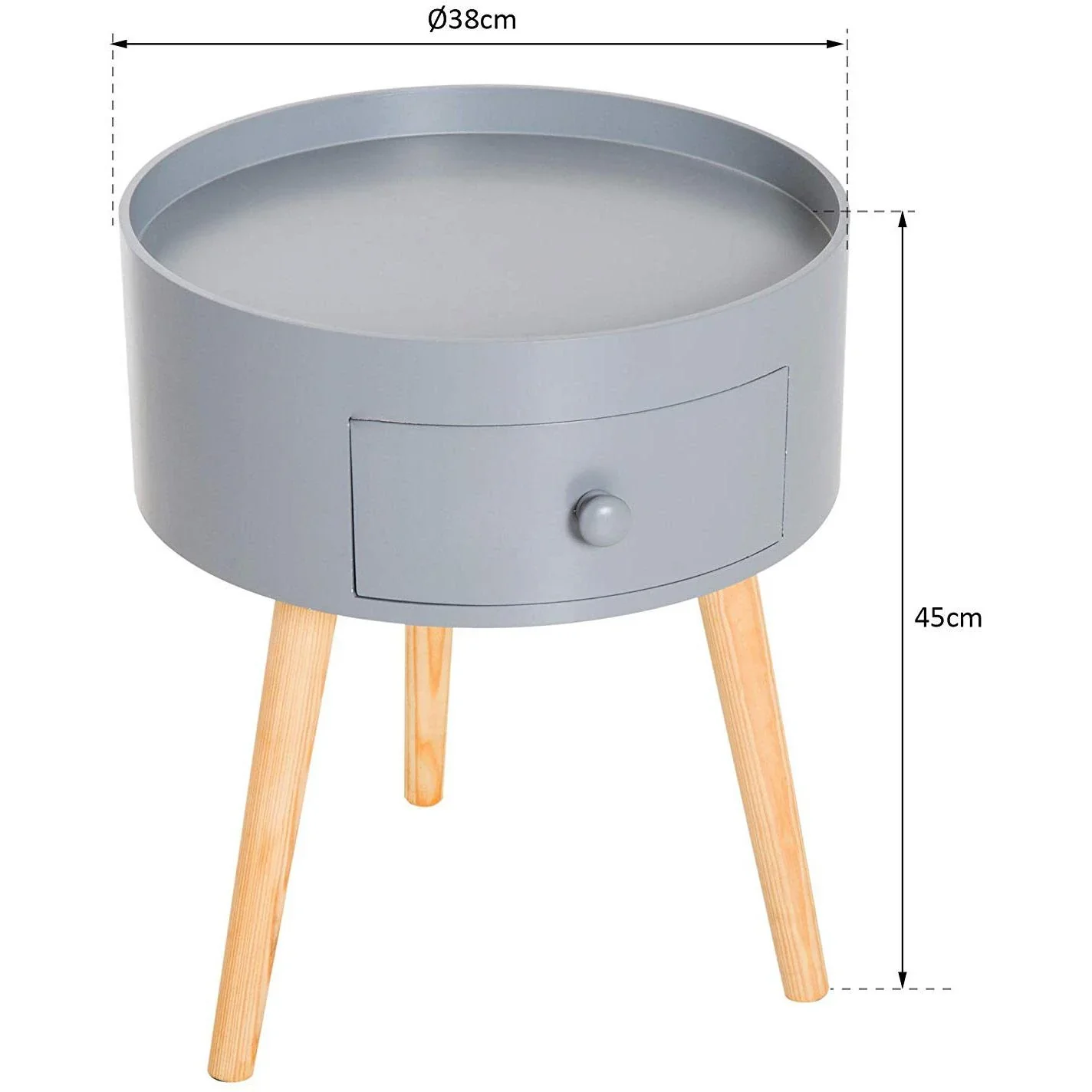 Couchtisch rund Beistelltisch mit Schublade Holz Grau - 1