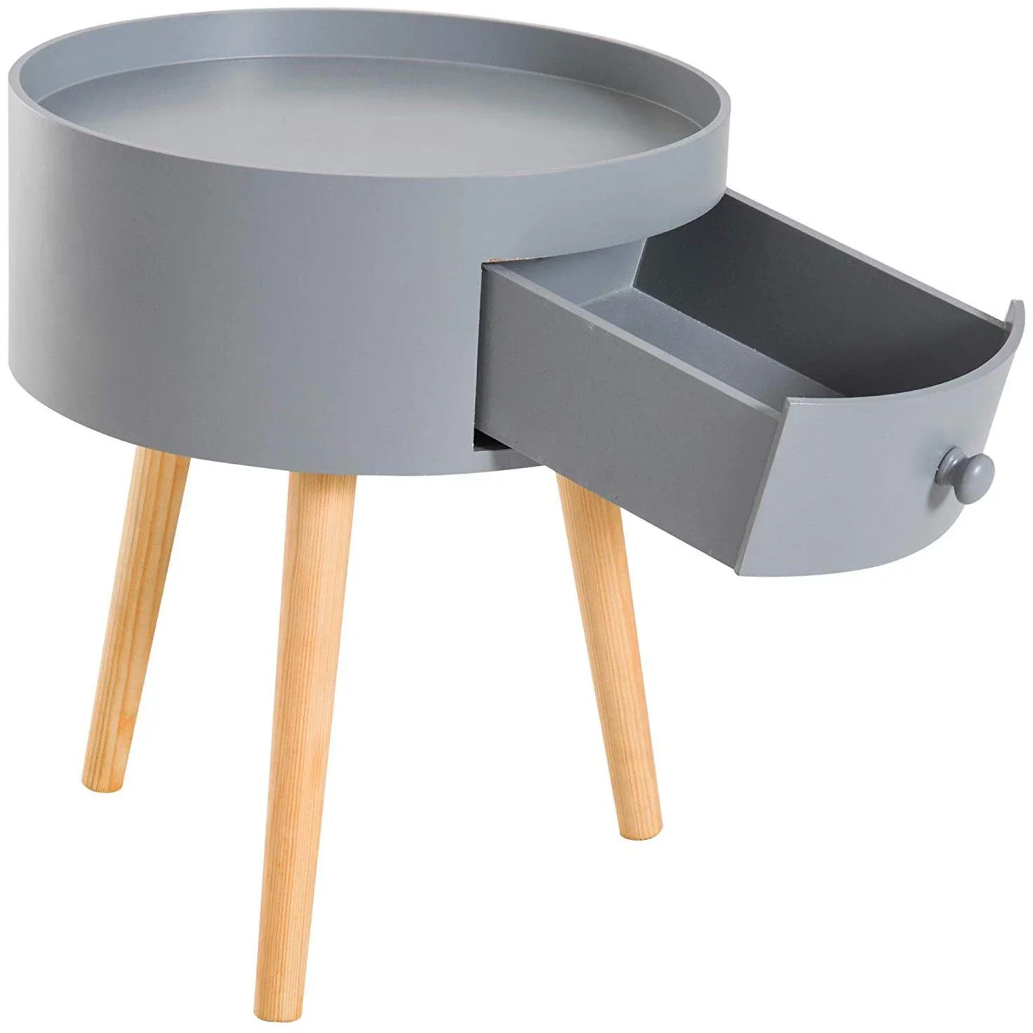 Couchtisch rund Beistelltisch mit Schublade Holz Grau - 4
