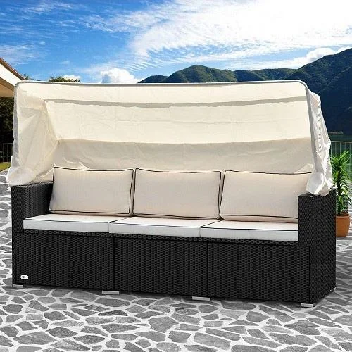Polyrattan Sofa - Schwarz-Creme - 210x70x70cm - Mit Sonnendach - 0
