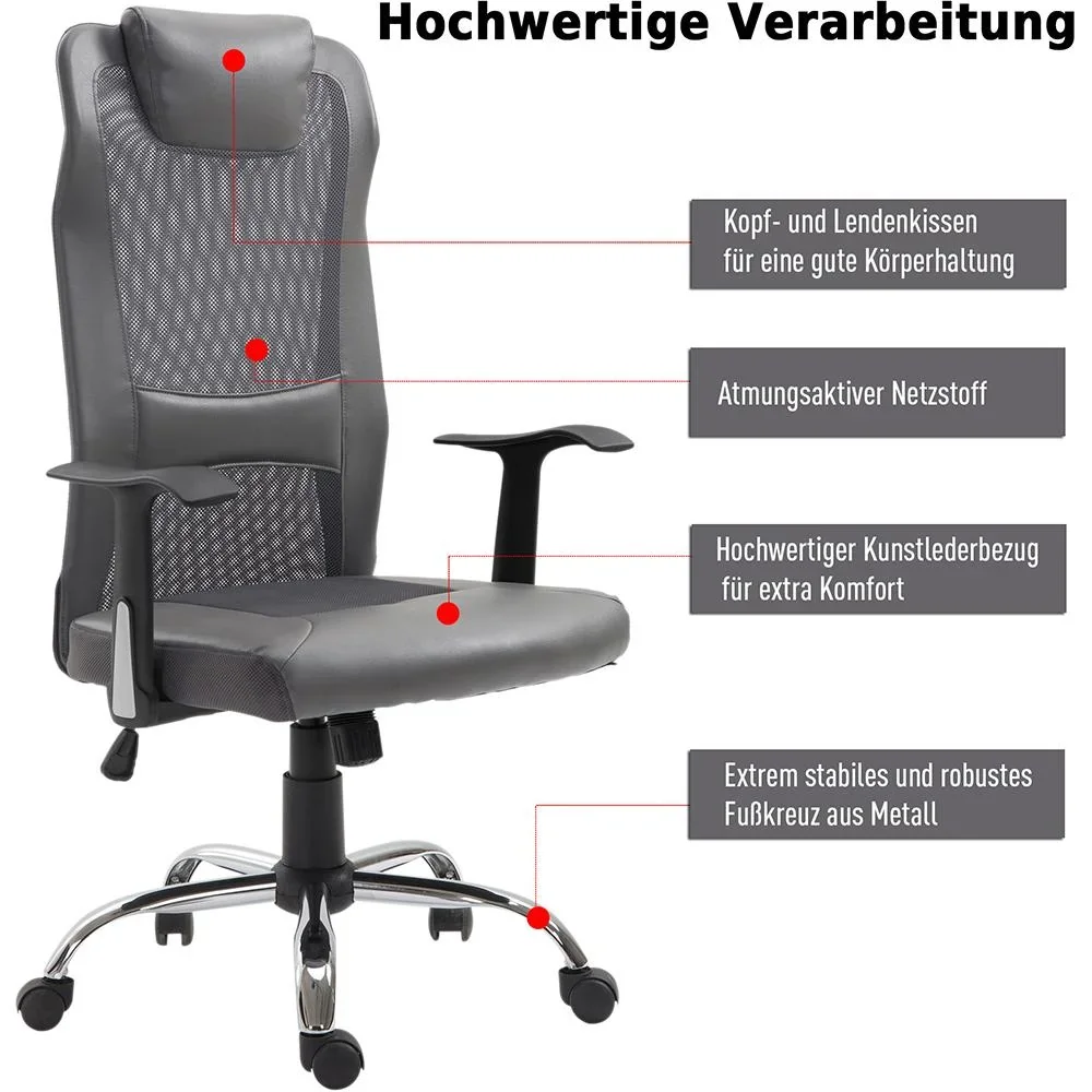 Bürostuhl höhenverstellbar Chefsessel Schreibtischstuhl Gaming Stuhl ergonomisch PU grau - 1