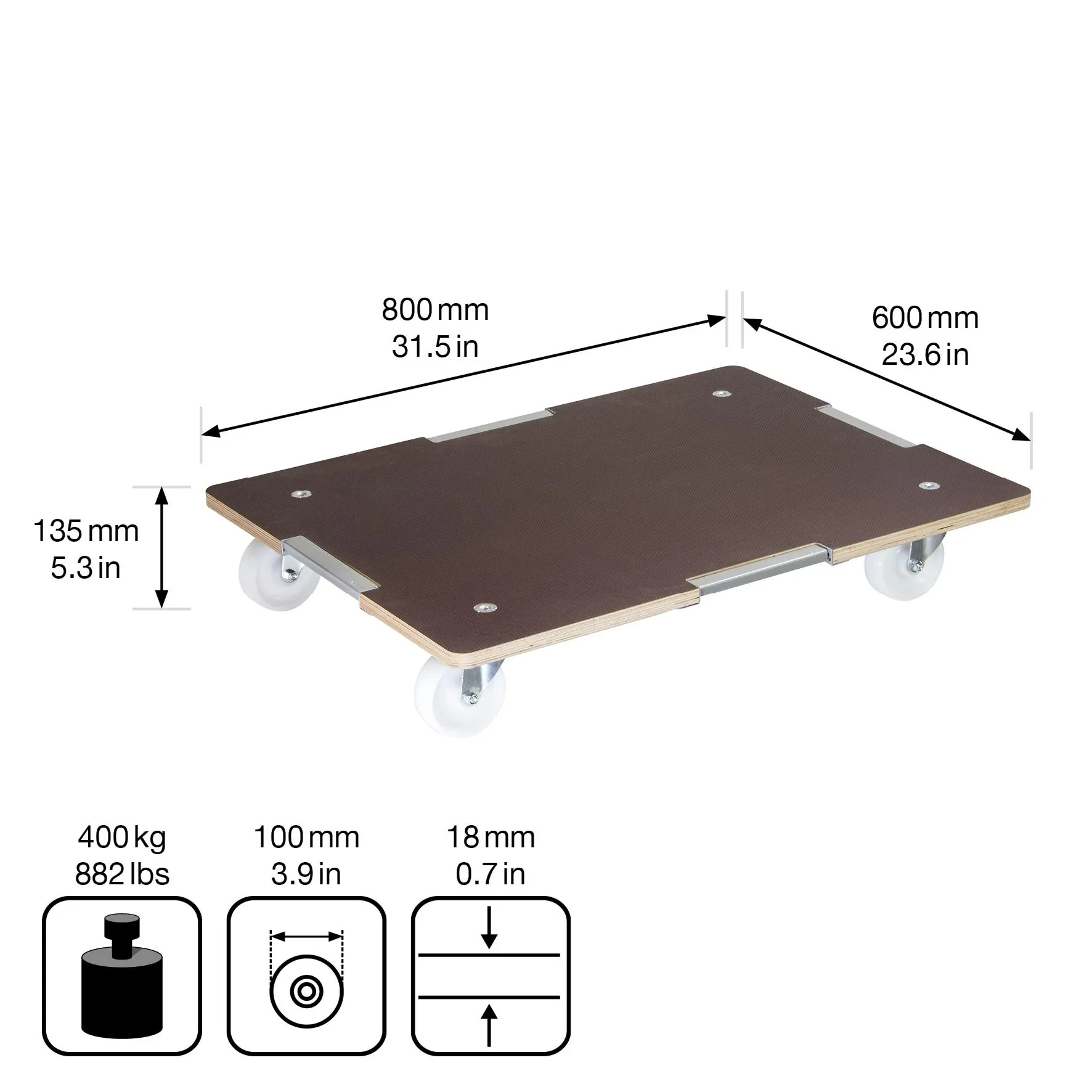 Transporthilfe MM 1379, 80 x 60 x 13,5 cm, harte Rollen Ø 100 mm, Rollenlager, Platte Maxigrip FSC®, Tragkraft 400 kg - 3
