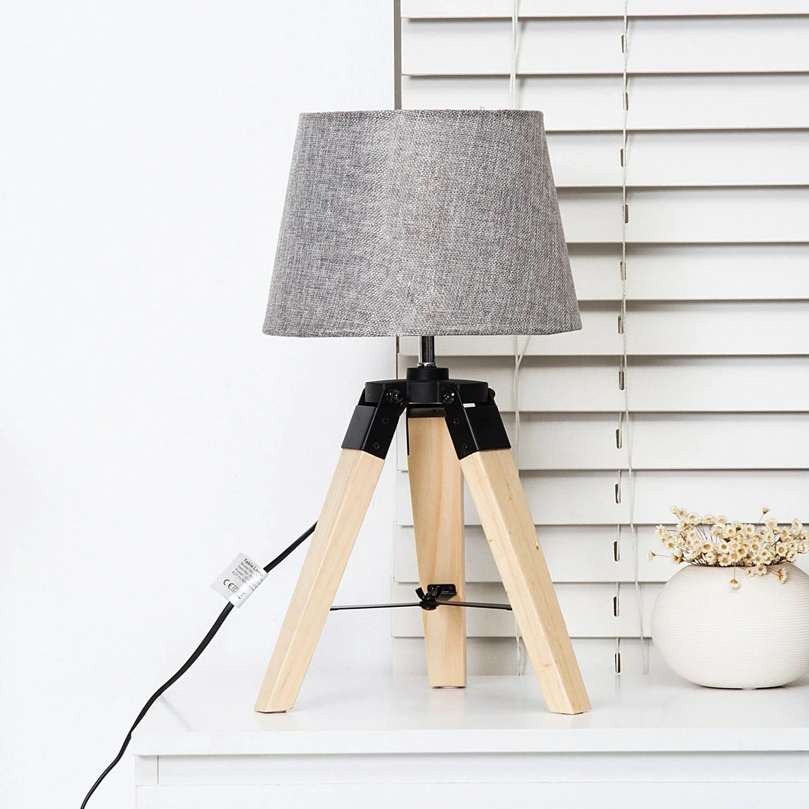 Tischlampe Dreibein Tischleuchte E27 Leinenoptik Kiefer Grau - 2