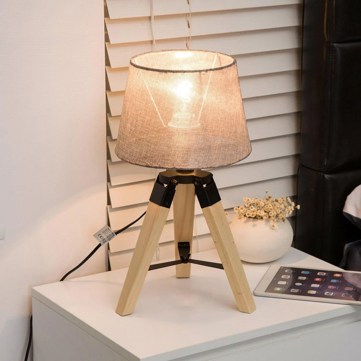Tischlampe Dreibein Tischleuchte E27 Leinenoptik Kiefer Grau - 3